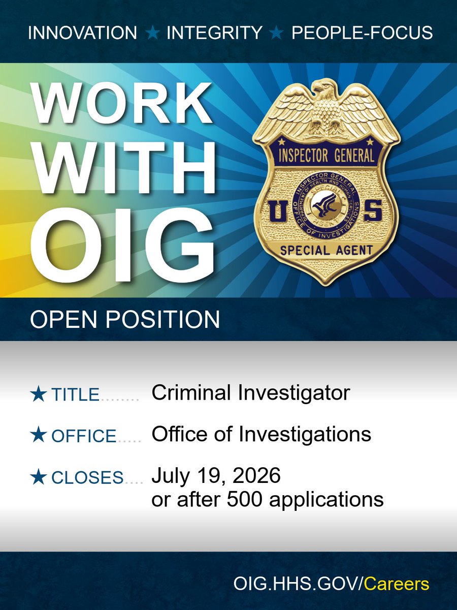 OIGatHHS's tweet photo. #JobAnnouncement🕵️♂️HHS-OIG is hiring a Criminal Investigator to assist with health care fraud investigations nationwide. Investigate suspected violators and fight fraud in HHS programs. Apply by 7/19:
• GS-7 to 11: https://t.co/weHiVJHwvU
• GS-12: https://t.co/B5geqL6eG6 https://t.co/LlGiqCGCzB