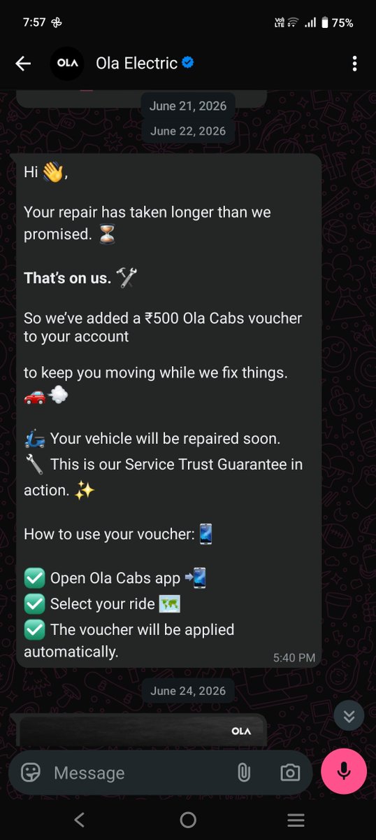 KhushiKalhans's tweet photo. 🚨 @OlaElectric @bhash 

This is my final escalation. My scooter has been stuck at the Ola Gonda Service Center due to a motor issue. Despite follow-ups through WhatsApp, Instagram, emails, and customer support, I have received only copy-paste replies and repeated assurances. https://t.co/usz3YQgJmf
