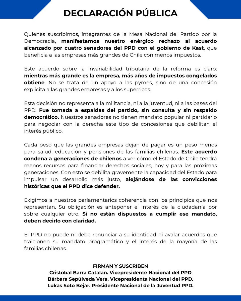 cbarracatalan's tweet photo. Rechazamos enérgicamente el acuerdo alcanzado por Senadores del @PPD_Chile con el Gobierno de Kast. 

La megarreforma es completamente perjudicial para las familias chilenas. https://t.co/7ABJBE7pv6