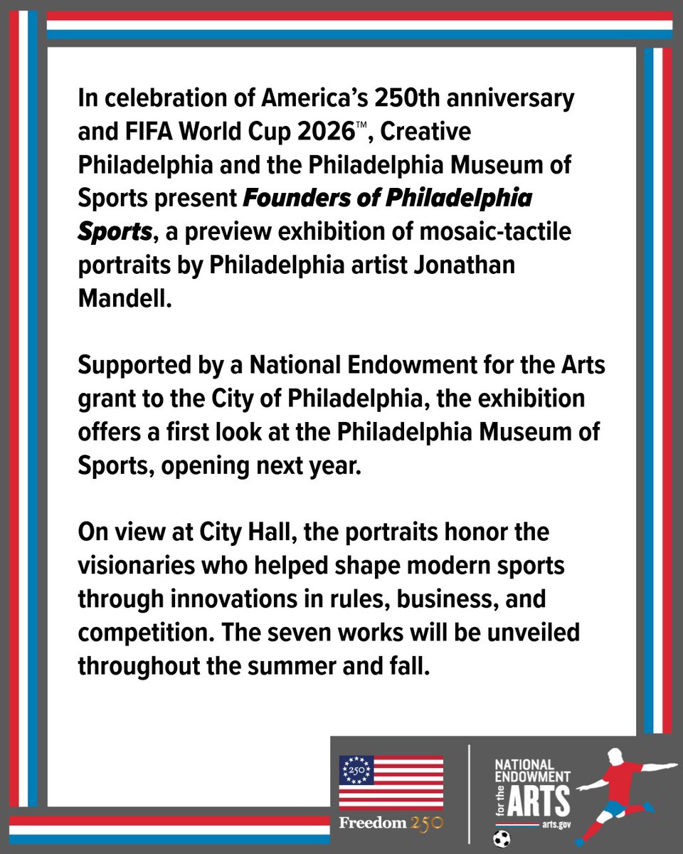 NEAarts's tweet photo. As the USA hosts FIFA World Cup 2026™, Philly is honoring pioneers who shaped American sports.
Supported by @NEAarts grant to the City of Philadelphia, this exhibit features mosaic-tactile portrait paintings by artist Jonathan Mandell, now at City Hall. https://t.co/baFYVBK4cA https://t.co/eoWPrpAine