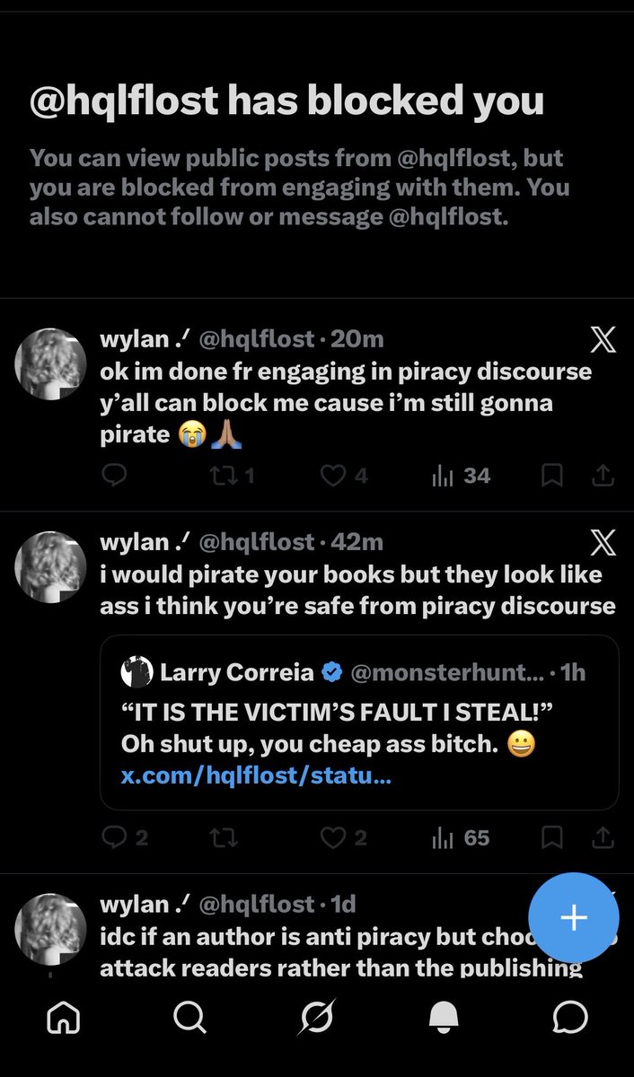 monsterhunter45's tweet photo. You’d better run, pussy. 😀
Listen, authors are gonna get pirated. We know this. I don’t freak out about it. 

But if you are gonna steal, just admit you are a thief and own it. Don’t make a bunch of bullshit posturing excuses why it’s the victim’s fault you’re robbing him. Spare us your commie manifesto about the poor and oppressed, and how you are so brave to stand up for the masses against those cruel wealthy authors taking advantage of the poor  (and for most writers, lol wut? They are broke, dummy!)

BUT WHAT ABOUT TEH POORS?!? 

Go to the library!

But then we have to listen to these thieving shit weasel cry but what about the RURAL POOR. Which extra fucking pisses me off because now they’re appropriating my culture, because I grew up poor in the sticks. And I choose to live in the country now. Fuck your commie gibberish. Rural people are used to driving long distances to do everything.  

Reading is like the cheapest hobby! If you are pirating you are rich enough to have internet. 

You aren’t Robin Hood. You’re just a cheap bitch. There’s tons of free books online. My “greedy corporate oligarch” publisher Baen has a free online library with hundreds of titles. 

Or KU is like $12 a month for UNLIMITED books. You can read 20 hours a day for a few cents an hour if you feel like it. 

If you want to steal, great. Whatever. I don’t give a shit. That’s on you. But just do it with some fucking dignity and spare us from this retarded class warfare justification bullshit. That’s way more pathetic than being a thief.