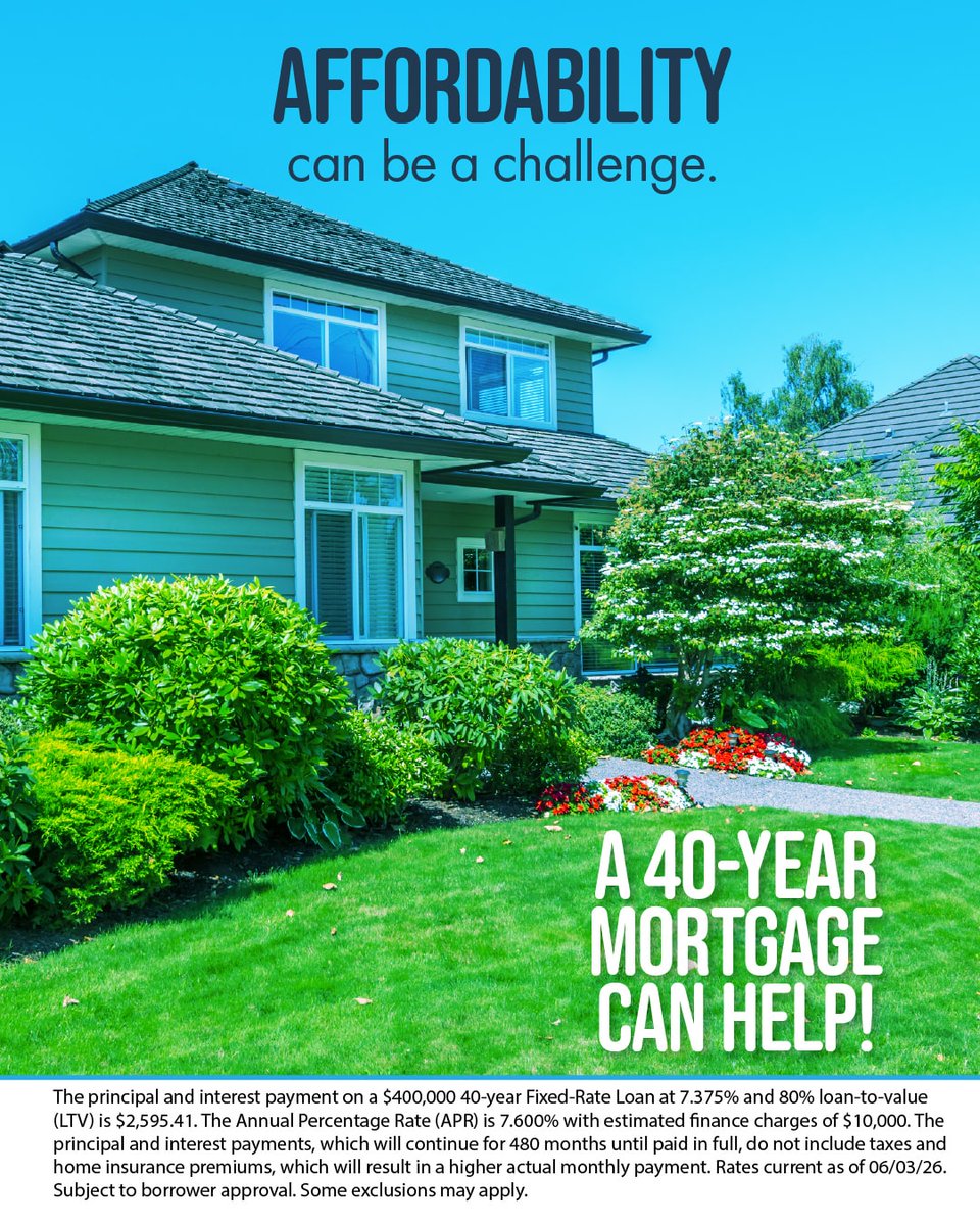 AaronMissner's tweet photo. A 40-year mortgage* could potentially lower your monthly payments by stretching them out over 40 years. Reach out today and see if this option is right for you!

#firstimehomebuyer #mortgagetips #homeownership #homebuyingtips #preapproval https://t.co/szIkIMsqNL