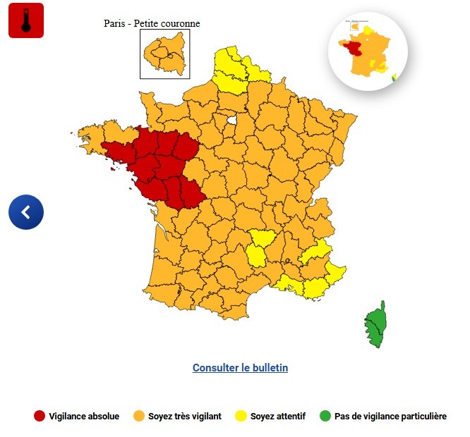 InfosFrancaises's tweet photo. 🌡️ ALERTE - La canicule s'aggrave en France, avec neuf départements de l'Ouest qui basculent en vigilance ROUGE canicule et 76 sont en orange. Les températures montent encore d'un cran ce vendredi et la #canicule se prolonge très probablement jusqu'au 14 Juillet, au moins, annonce Météo-France. (La Chaîne Météo / Météo-France)