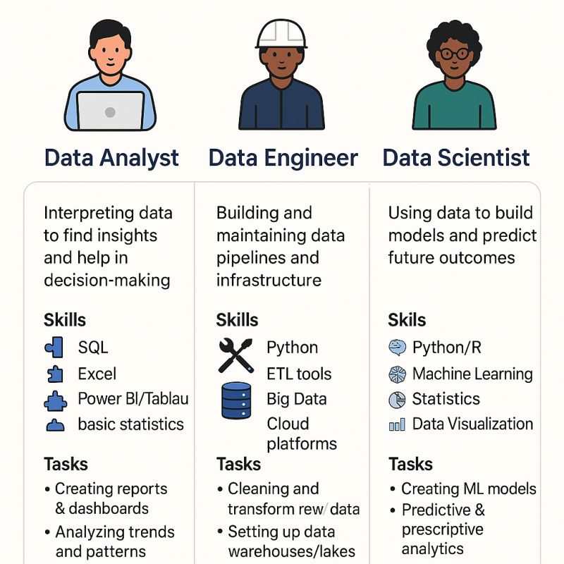 datamous's tweet photo. Data Analyst vs Data Engineer vs Data Scientist — they're NOT the same:

📊 Analyst → reads the map
🔧 Engineer → builds the roads
🧠 Scientist → predicts where traffic will be

Which one are you? 👇

#DataScience #Tech #CareerGrowth https://t.co/29aZTecsRw