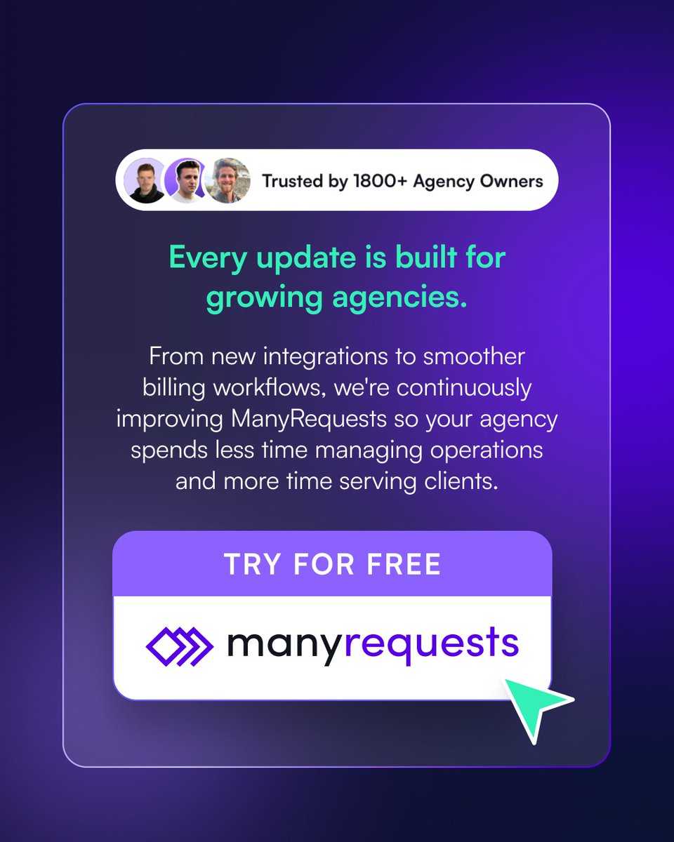 ManyRequests's tweet photo. The less time you spend thinking about your operations, the better your systems are.

That's what this week's updates are all about.

This week, we shipped two improvements designed to make running your agency a little smoother:

✅ Tapfiliate integration
Run your affiliate program with more flexibility by tracking referrals through coupon codes, rewarding affiliates more accurately, and managing everything directly from your Integrations page.

✅ Smarter recurring add-ons
Recurring add-ons now behave the way you'd expect. When a subscription is cancelled, its recurring add-ons are cancelled too. During upgrades or downgrades, clients can choose to keep their current add-on or switch to one that better fits their new plan.

These aren't headline-grabbing features.

They're the kinds of improvements that quietly reduce manual work, prevent billing headaches, and make day-to-day operations easier.

That's what we're building at ManyRequests: software that helps growing agencies spend less time managing their backend and more time delivering great work.

Try for free now https://t.co/tg1XOcfo8n