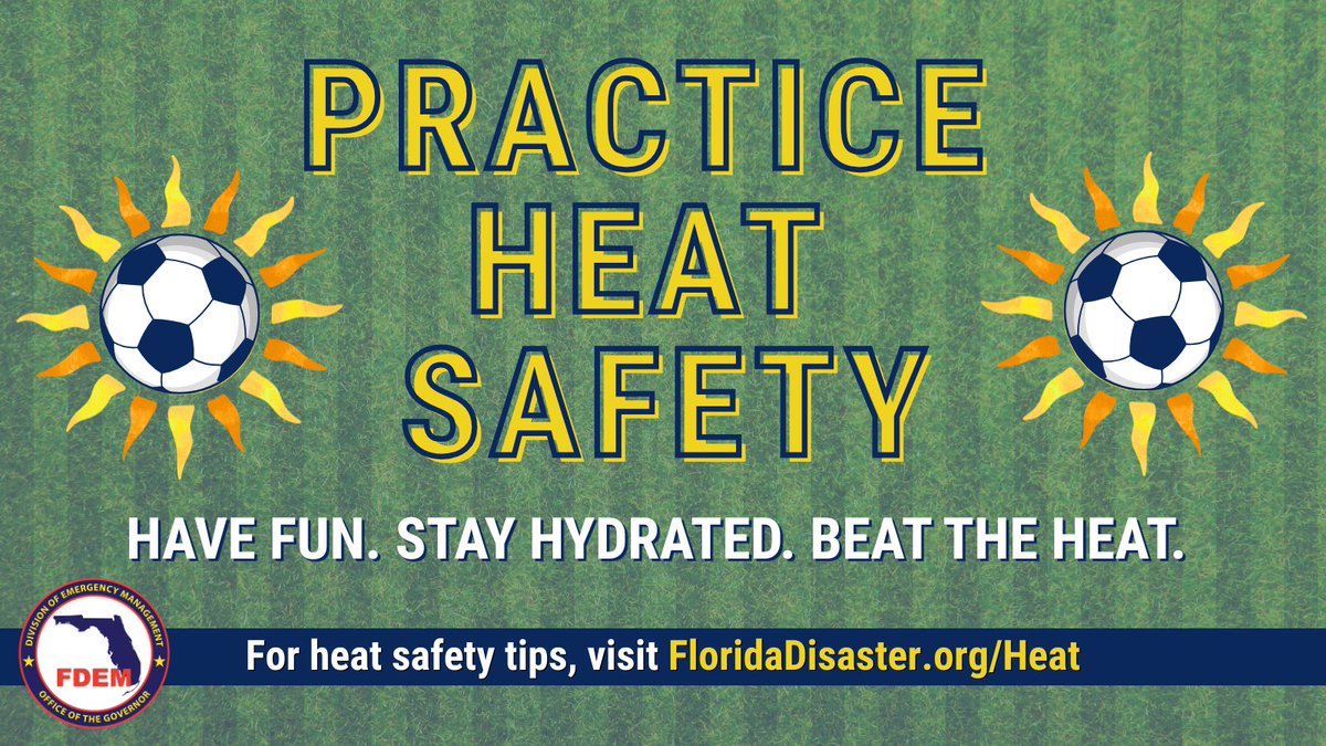 FLSERT's tweet photo. ⚽ Florida is welcoming fans from around the world this summer! Whether you're headed to a FIFA match, the beach, or another outdoor event, make heat safety a part of your game plan.

✅ Hydrate throughout the day—even if you don't feel thirsty
✅ Wear lightweight, light-colored clothing
✅ Take breaks inside & use the opportunity to refill your water bottle
✅ Know the signs of dehydration & heat-related illness—if you're sweating a lot, consider replacing electrolytes
✅ Look out for those around you
 
Heat safety is a team effort. Have fun. Stay hydrated. #BeatTheHeat. https://t.co/XFwTCTjrA4☀️