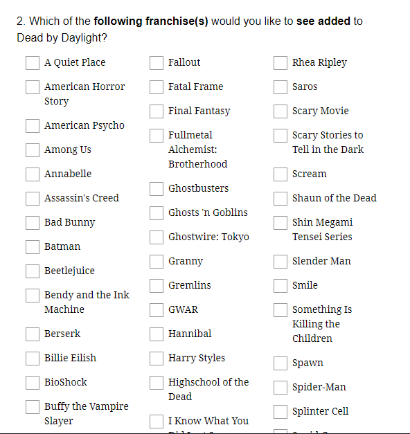 ChainsawMan4DBD's tweet photo. ALL LICENSES ON THE NEW SURVEY! https://t.co/nCCGTG9587