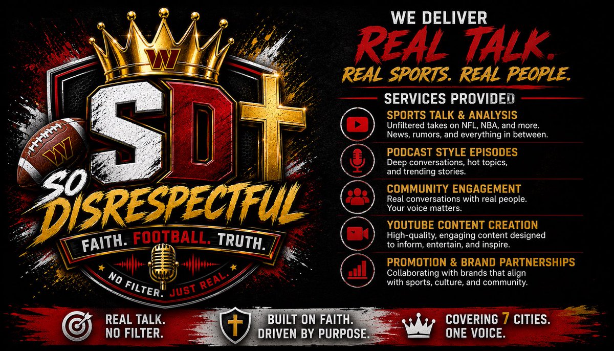 Don_Suave87's tweet photo. Introducing the official brand of So Disrespectful with Don Suave! 🔥👑

If you’re looking for authentic sports commentary, professional content creation, and high-energy media coverage, you’ve found the right platform.

🎥 Broadcaster of the 7 Cities isn’t just a YouTube channel—it’s a growing media brand dedicated to delivering real conversations, real analysis, and real impact.

🎯 Services I Provide

🏈 NFL Coverage & Analysis (Washington Commanders and around the league)

🏀 NBA Coverage & Analysis (Chicago Bulls, breaking news & debates)

🎙️ Podcast Hosting & Interviewing

📹 YouTube Content Creation

🎬 Video Production & Editing

📸 Sports Photography & Event Coverage

🎤 Public Address Announcing & Emceeing

🎧 Live Event Hosting

📱 Social Media Content Creation

🤝 Brand Partnerships & Sponsorship Opportunities

📈 Sports Media Consulting

🎥 Press Conferences & Player Interviews

📺 Breaking Sports News Coverage

🎯 Promotional Videos for Businesses & Organizations

🙏 Faith-Based Motivation & Inspirational Content

Whether you’re a business looking to collaborate, an athlete needing media exposure, a church wanting promotional content, or a brand looking for authentic sports marketing…

Let’s build something special together!

📺 YouTube: Broadcaster of the 7 Cities

📱 Instagram: @Don_Suave87

❌ X: @Don_Suave87

🎵 TikTok: @DonSuave8187

📘 Facebook: Don Suave

📧 Email: donsuave8187@gmail.com

📞 Phone: (757) 952-9623

💼 Open for:
✅ Media Opportunities
✅ Podcast Guests
✅ Speaking Engagements
✅ Sponsorships
✅ Freelance Video Production
✅ Sports Coverage
✅ Event Hosting
✅ Content Creation
✅ Business Collaborations

Thank you to everyone who’s supported the vision. This is only the beginning. 🚀

No Filter. Just Real.

#LinkedIn #SportsMedia #SportsBroadcasting #ContentCreator #YouTube #SportsReporter #SportsJournalism #PodcastHost #MediaPersonality #DigitalMedia #VideoProduction #ContentMarketing #Branding #Marketing #SocialMedia #NFL #NBA #WashingtonCommanders #ChicagoBulls #BreakingNews #SportsTalk #Podcast #SportsContent #FaithBased #Community #Virginia #HamptonRoads #757 #Broadcaster #BroadcasterOfThe7Cities #SoDisrespectful #DonSuave #Entrepreneur #Networking #Collaboration #Hiring #OpenToWork #MediaProduction #CreatorEconomy #SportsBusiness #SportsEntertainment #PublicSpeaker #MC #Emcee #VideoEditor #Photographer #SportsPhotography #CreativeMedia #SmallBusiness #LetsConnect 🚀🏈🏀🎥🎙️🔥

Tagging organizations and connections: @LinkedIn @YouTube @NFL @NBA @Commanders @chicagobulls @ESPN @FOXSports @CBSSports @NBC4Sports @BleacherReport @TheAthletic @Audacy @iHeartMedia @NABJ @SportsCenter @Adobe @Canva @OpenAI