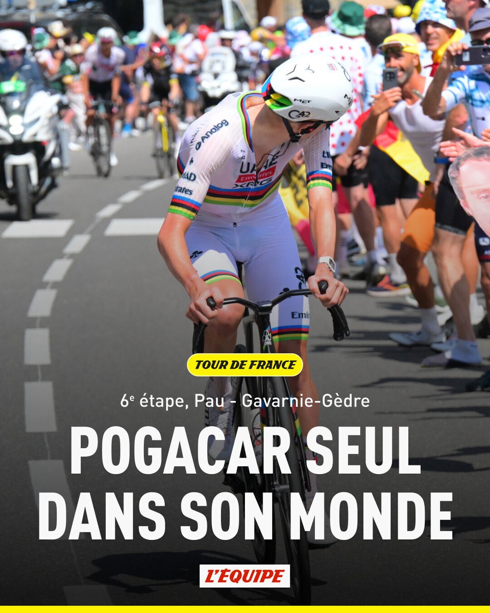 lequipe's tweet photo. Vainqueur de la 6e étape après un raid de 43 kilomètres, Tadej Pogacar assomme le Tour de France dès la première journée de haute montagne

➡️ https://t.co/WE4LY2bk4m https://t.co/XZo6ixpQLc