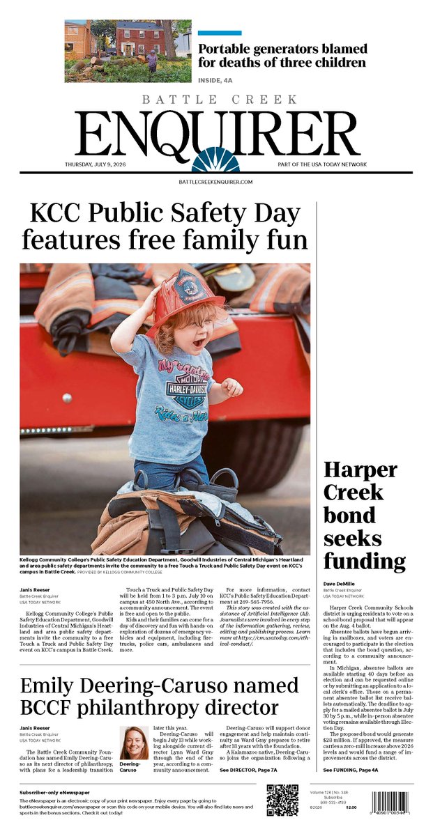 Kellogg_CC's tweet photo. Check out our Touch a Truck and Public Safety Day on the cover of today's Battle Creek Enquirer! 

This year's event will be held from 1 to 3 p.m. tomorrow, Friday, July 10, on campus at 450 North Ave. The event is free and open to the public!