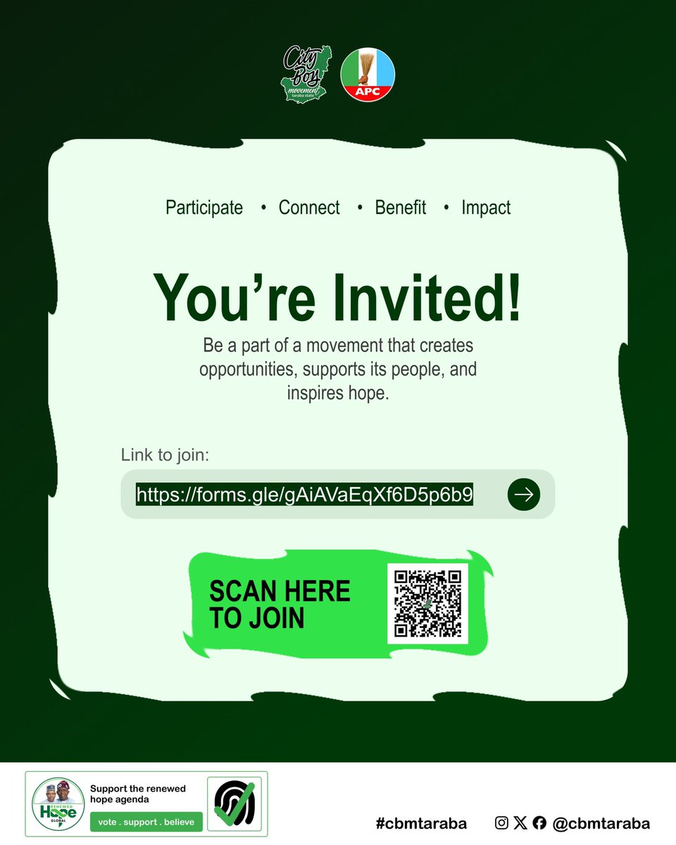 CBMTaraba's tweet photo. Your journey starts here! 🇳🇬

Become an official member of the City Boy Movement Taraba. Connect, participate, and be part of the positive change.

📲 Scan the QR code or register here:
https://t.co/BNDvP4zH0K

Together, we can build a stronger Taraba and a better Nigeria. #CBM https://t.co/BL3qeuWtPV