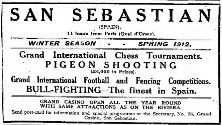 johnchess's tweet photo. Chess ✅Football ✅... but I'm less keen on the other activities being offered in San Sebastian in the winter/spring season of 1912. (Advertisement in 'The Observer' newspaper, 10 March 1912) https://t.co/mPvM6jAGH4