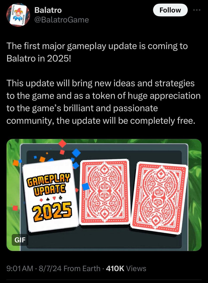 SlowbroBill's tweet photo. @BalatroGame To all the braindead retards in my replies coming to this guys defense, just remember that the publisher themselves made this post almost 2 years ago now. It's not that hard to have thrown us 10 new Jokers and a new deck type by now. Anything. 

I'm justified in being annoyed https://t.co/XIj3viDrP9