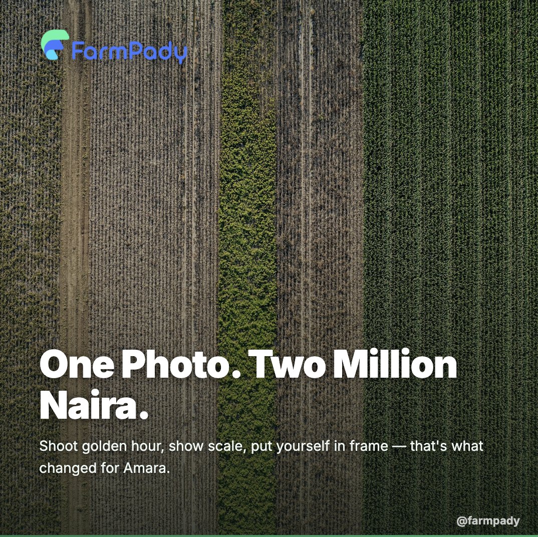 farmpady's tweet photo. One photo unlocked ₦2 million for a watermelon farmer in Niger State. Here's what changed.

Amara had farmed watermelons for eight years. Her FarmPage had twelve photos - all shot in harsh midday sun, all tight close-ups of individual fruit with no scale, no context, no sign of a person behind the farm. Views were steady. Bids weren't coming.

A FarmPady workshop facilitator gave her one note: take a wide shot at harvest that shows the scale of what you're growing, and put yourself in it.

She went out the next week at 6:30am - golden light, 200 metres of watermelon rows loaded with ripe fruit, herself in frame. She made it her new cover photo.

Profile views doubled in three months. She landed bids totalling ₦2.1 million, including one investor who came back specifically because of that image: "I had seen your page before and moved on. That new photo brought me back. I could see exactly what I was investing in."

The technical lesson is simple and free: shoot in the first and last hour of daylight, not between 10am and 3pm when the sun bleaches colour and flattens everything. Use the rule of thirds. Show foreground and background together so investors can judge scale. And put yourself in at least one photo - investors are funding a person as much as a farm.

Every FarmPage needs photos of: a wide cover shot, your crop up close, your water source, your equipment in use, your storage, a harvest shot, and you, working.

No professional camera required. Just good light and a plan.

Update your FarmPage photos this season: https://t.co/n5VTLtSdDD

#Agripreneur #AgriTech #NigerianFarming