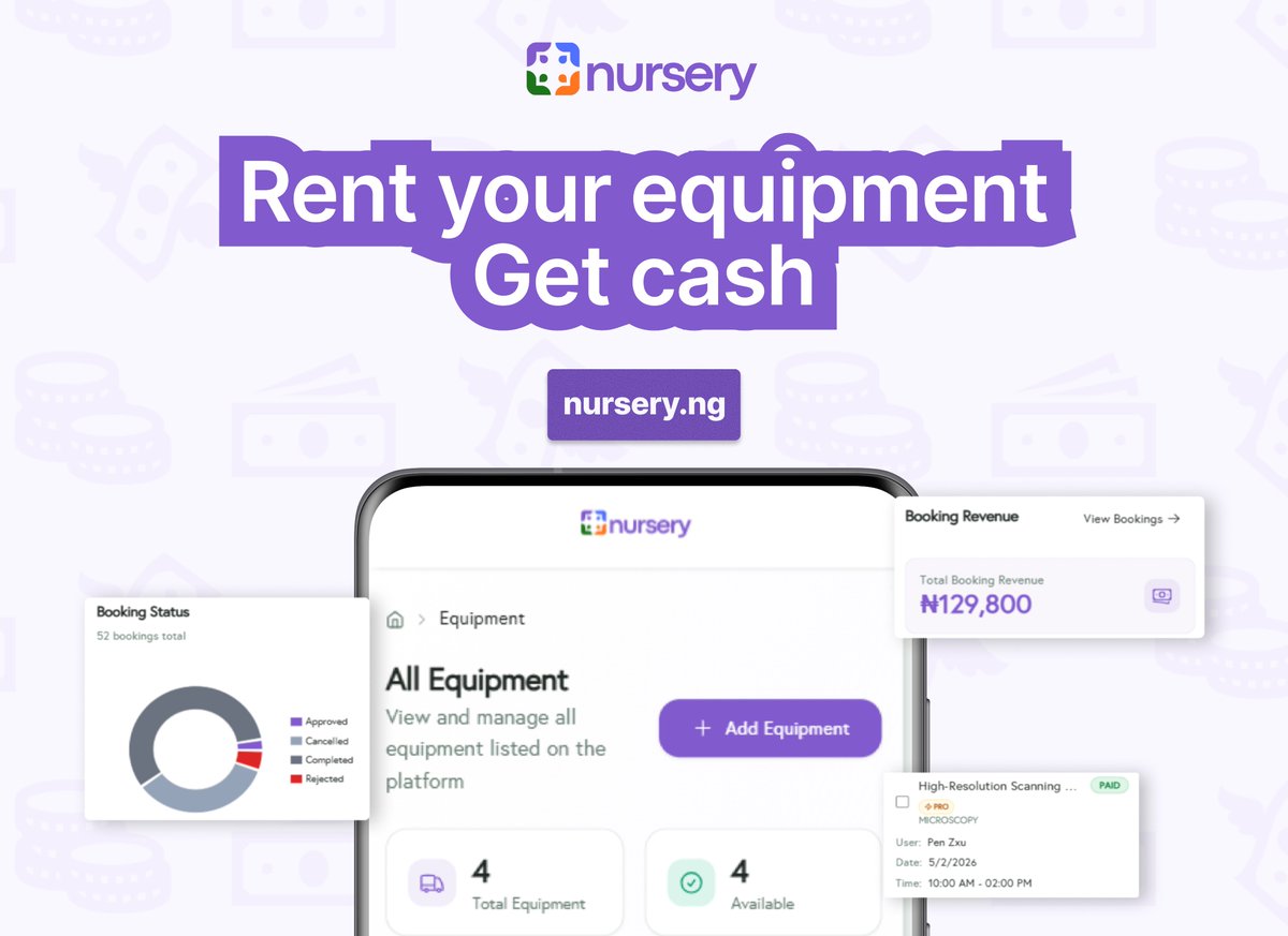 NurseryNG's tweet photo. Manage and receive bookings and payments for your equipment via Nursery. Easy and free to use. Claim a 30-day free trial now! https://t.co/853tfCojeM #nigeria #equipment #rental https://t.co/5dUWZVYbGx