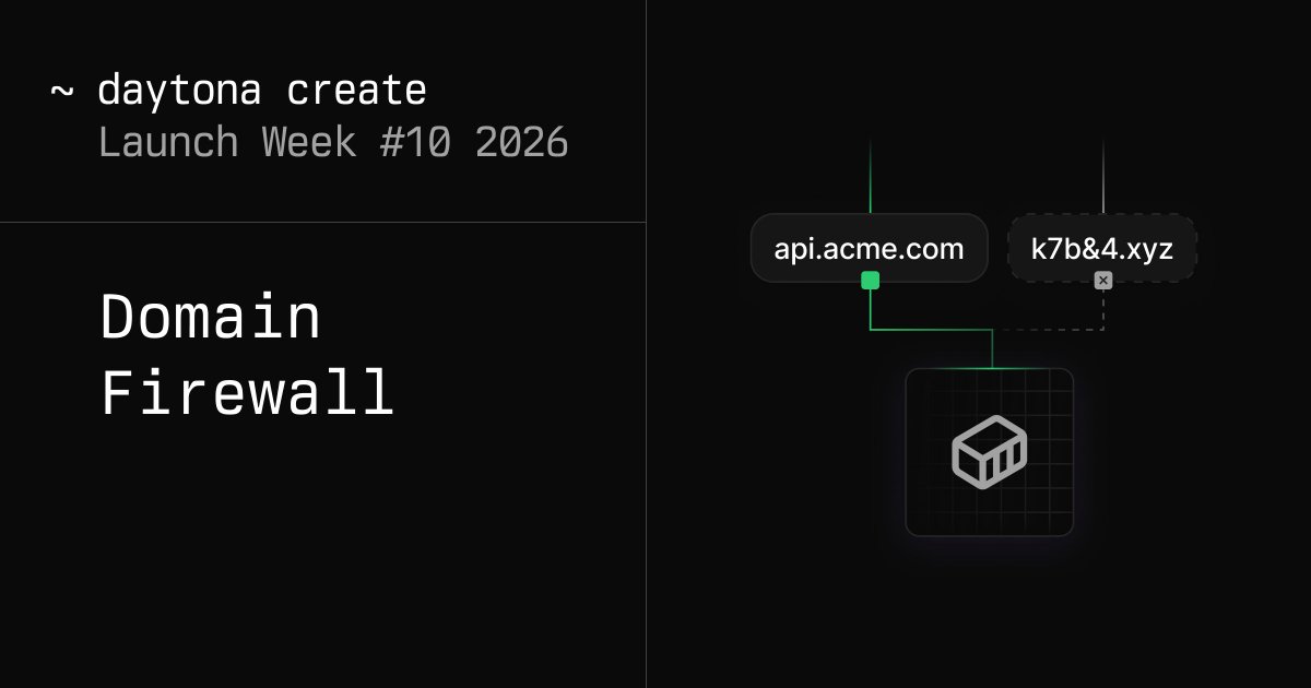 daytonaio's tweet photo. Launch Week 10, Day4 - Domain-level egress control.

Domain Firewall provides granular, domain-level egress control at the sandbox level. 

Try it today. More information below. 👇 https://t.co/WkuMAE0fLe