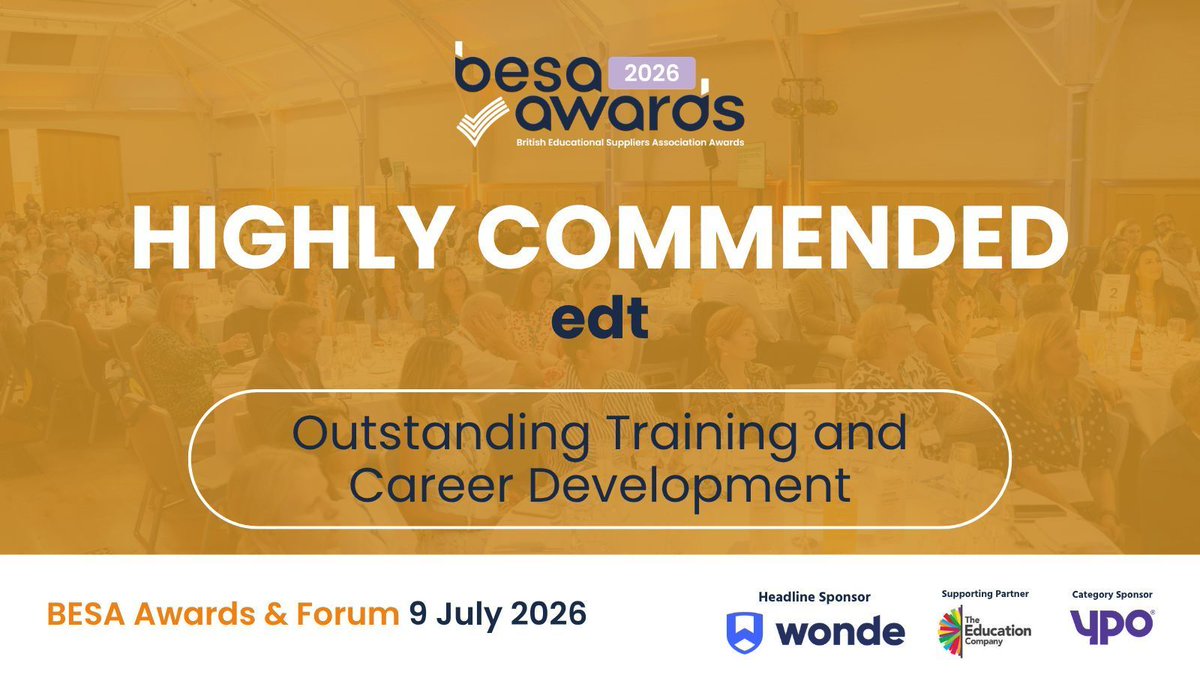 besatweet's tweet photo. ⭐️ Our judges would also like to highly commend edt for Outstanding Training and Career Development. They thought edt represents the pinnacle of teacher development in the UK. Their 2025 Outstanding status, combined with near-perfect satisfaction rates and a curriculum built on hard science, makes them a lead provider in every sense of the word.

#BESAAwards2026
