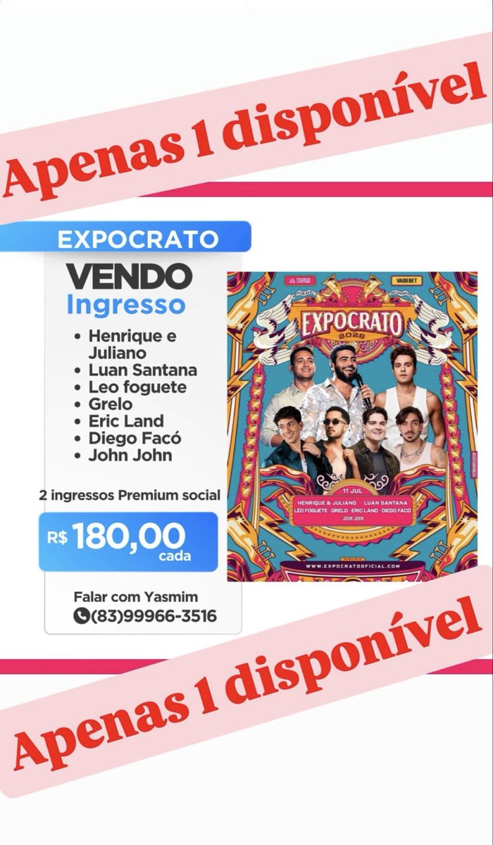 sdaniellilima's tweet photo. Pessoal que vai pro show de Luan na Expocrato, minha amiga tá tentando vender esse ingressoooooo https://t.co/b0OSfHdvJ3