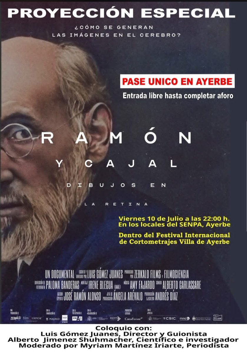AyerbeTurismo's tweet photo. Proyección en #Ayerbe del documental “Ramón y Cajal: dibujos en la retina”📽️
Con la presencia de su director y guionista, Luis Gómez Juanes y del científico e investigador Alberto J. Schuhmacher. Ambos participarán en un coloquio moderado Myriam Martínez de @Diariodehuesca https://t.co/8X1wp3rrcH