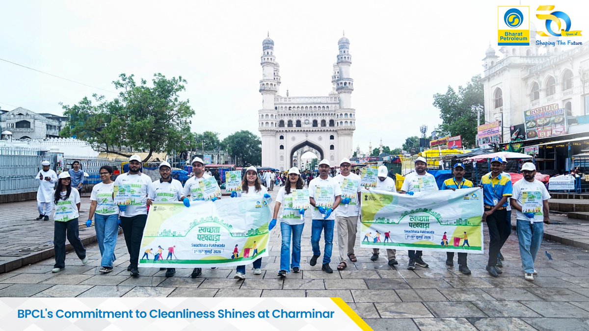 BPCLimited's tweet photo. BPCL employees and dealers came together at Hyderabad's iconic Charminar to champion cleanliness through a Swachhata Drive and Walkathon, reinforcing the message that every small step contributes to a cleaner, greener India.  

#BPCL #SwachhataPakhwada2026 #SwachhBharat #CleanIndia

@PetroleumMin
@HardeepSPuri
@neerajmittalias