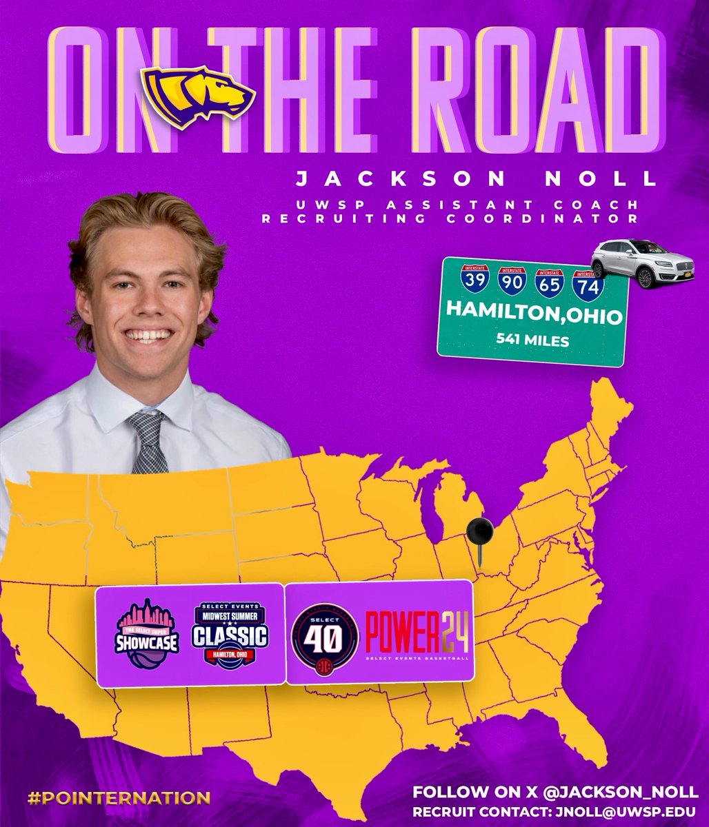 UWSPWBB's tweet photo. Hired Yesterday — Already on the Highway 🛣️ to Hamilton today 🚘‼️
Give our new assistant & recruiting coordinator @jackson_noll a follow and drop that schedule cause when he’s not coaching he’ll have his 👀 peeled in purple looking for #FuturePointers
💜 #Pointers 💛 #JUICE🧃 https://t.co/h2NNm0OsRa