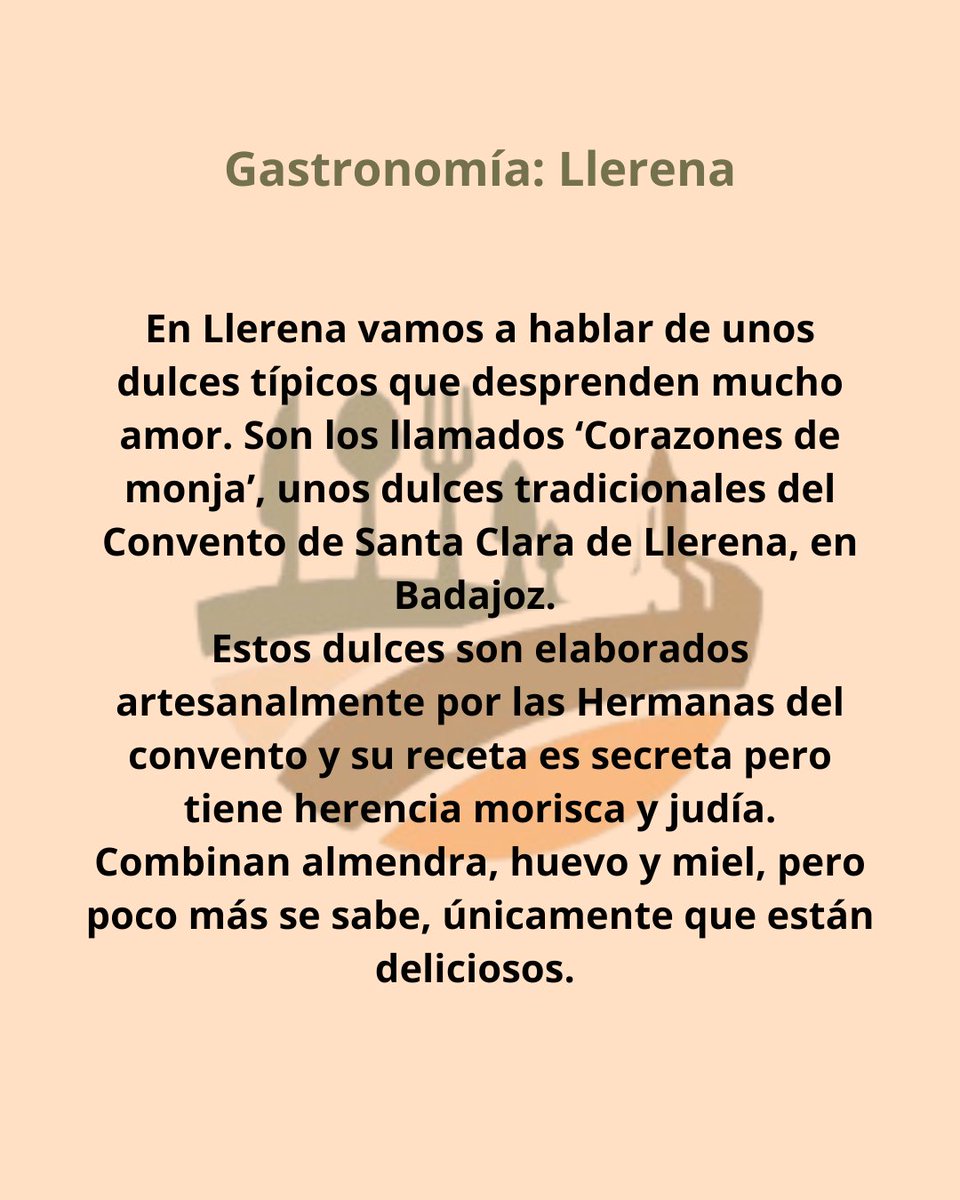 PueblosGastro's tweet photo. 🤍En Llerena vamos a hablar de unos dulces típicos que desprenden mucho amor. Son los llamados ‘Corazones de monja’, unos dulces tradicionales del Convento de Santa Clara de Llerena, en Badajoz

@Llerena_Ayto #llerena #pueblosgastronomicos #fogonycandela #gastronomia https://t.co/RmeocCo6RY