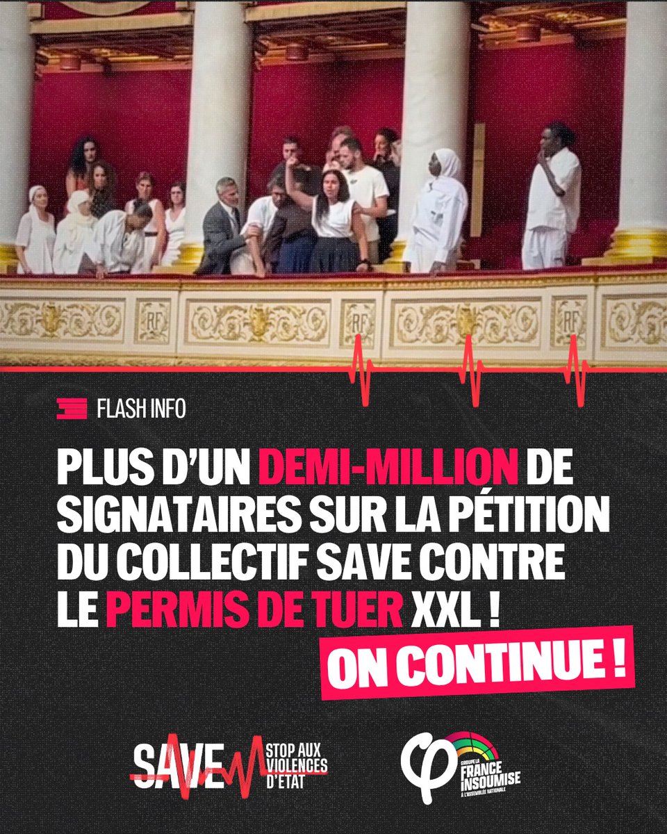 MathildePanot's tweet photo. Plus d'un demi-million de personnes ont signé la pétition du collectif SAVE contre la loi Permis de tuer XXL !

Un immense merci aux collectifs mobilisés !

Cette loi lepéniste doit être retirée.

✍️ Continuez de signer : https://t.co/8C2Hr3M9Bq https://t.co/umS58lnF5k