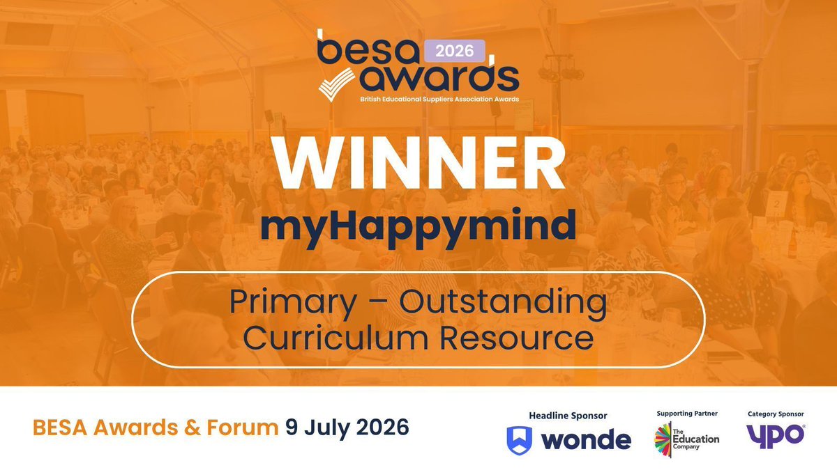besatweet's tweet photo. 🏆 Winner! Congratulations to myHappymind for winning Primary – Outstanding Curriculum Resource.

Our judges were very impressed by myHappymind's evidence-led approach, and the positive impact that it is having in schools. They also admired how the organisation uses technology to foster home/school links to ensure that their programmes do not just remain in the classroom.

#BESAAwards2026