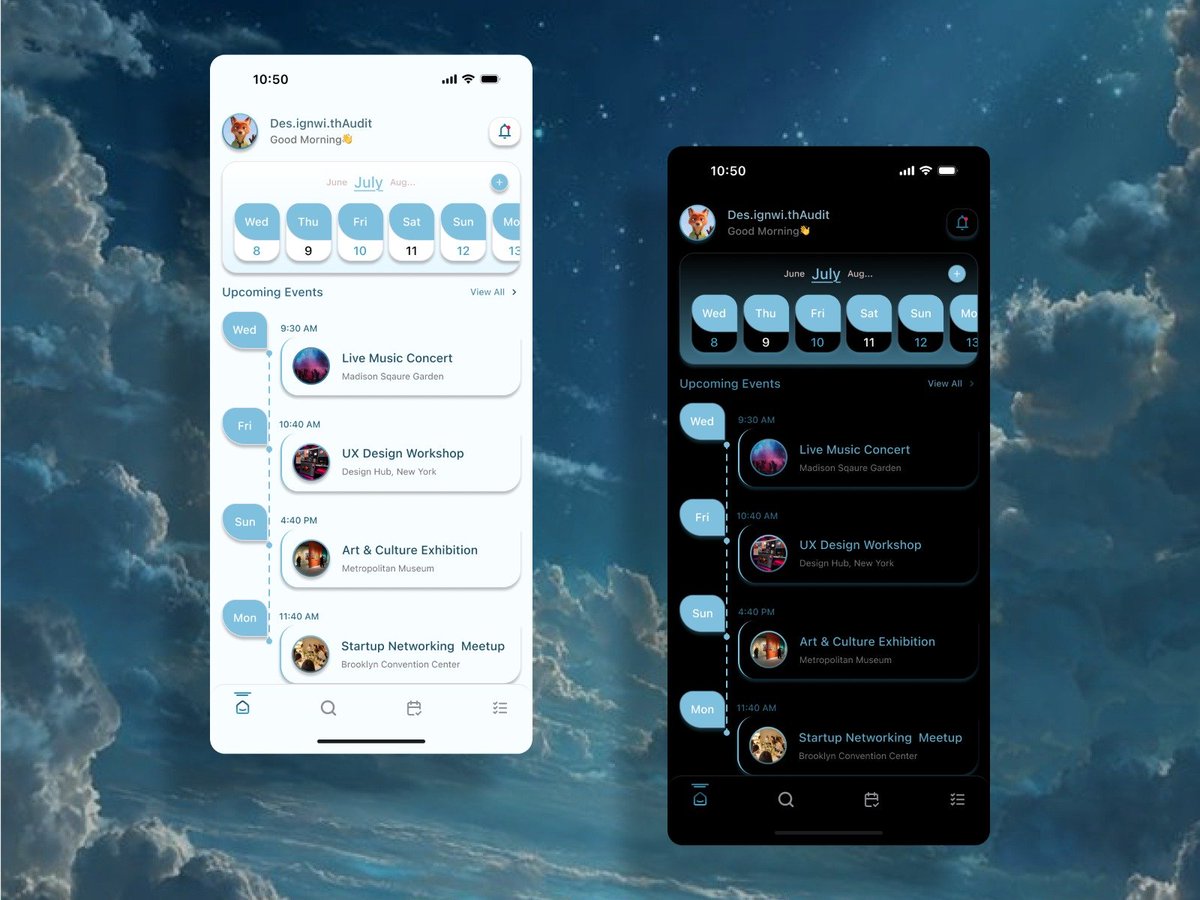 _pushkar0's tweet photo. Event Schedule App — Light &amp; Dark Mode | Daily UI Challenge Day 71
.
Today's challenge was to design an Event Schedule screen with both Light and Dark themes.
#DailyUI #Day71 #UIUX #UIDesign #MobileApp #ScheduleApp #EventPlanner #DarkMode #LightMode #Figma #Dribbble https://t.co/XPBC6o8kJg