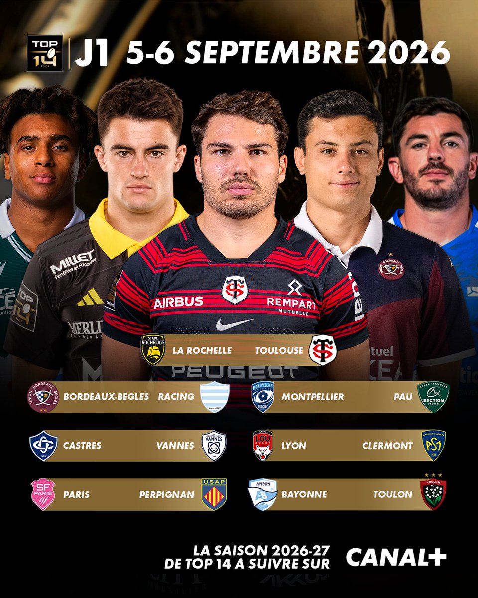 CanalplusRugby's tweet photo. RENDEZ-VOUS FIN AOÛT/DÉBUT SEPTEMBRE POUR LA REPRISE DU TOP 14 ET DE LA PRO D2 😍
Quelle affiche vous donne le plus envie d’être déjà à la rentrée ? 🔥
#rugby #TOP14 #sport #PROD2 https://t.co/ZjCvO5G87n