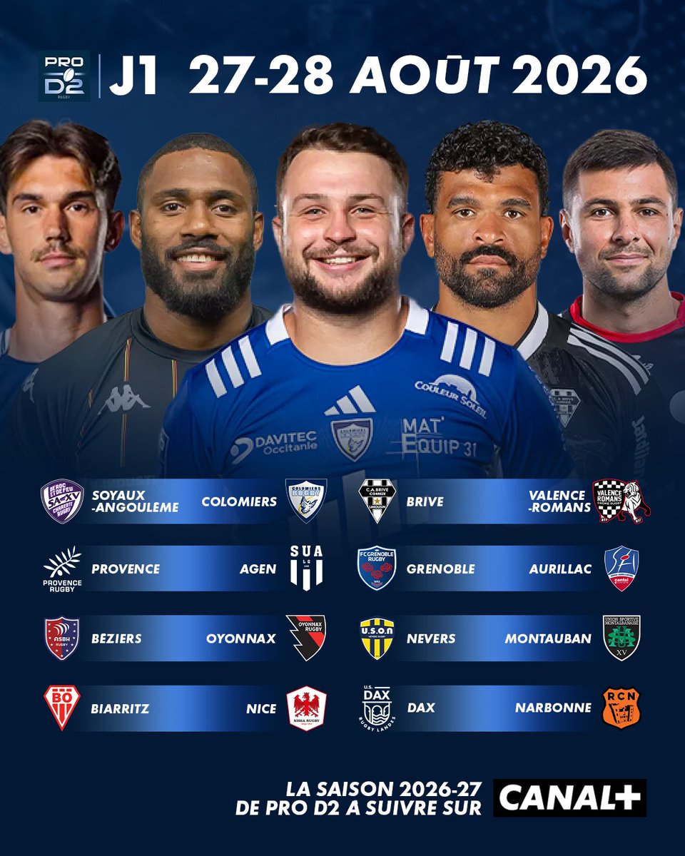 CanalplusRugby's tweet photo. RENDEZ-VOUS FIN AOÛT/DÉBUT SEPTEMBRE POUR LA REPRISE DU TOP 14 ET DE LA PRO D2 😍
Quelle affiche vous donne le plus envie d’être déjà à la rentrée ? 🔥
#rugby #TOP14 #sport #PROD2 https://t.co/ZjCvO5G87n