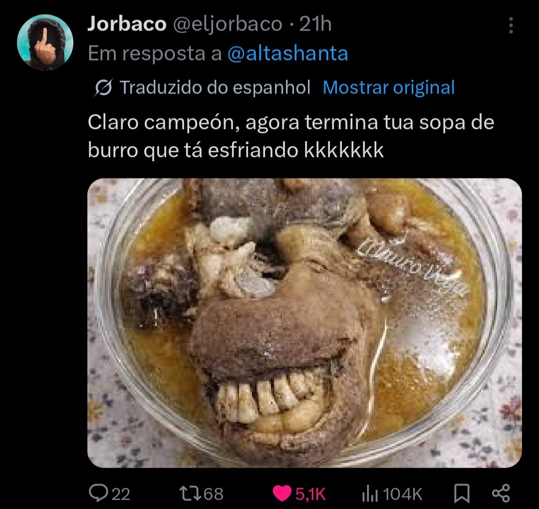 natdioni's tweet photo. @wondernyne @FabryFo2 @mandstu25 @GMaiiia4897 Você deveria ir tomar sua sopa de burro conforme seu presidente Milei recomendou https://t.co/ELgGlg4wjb
