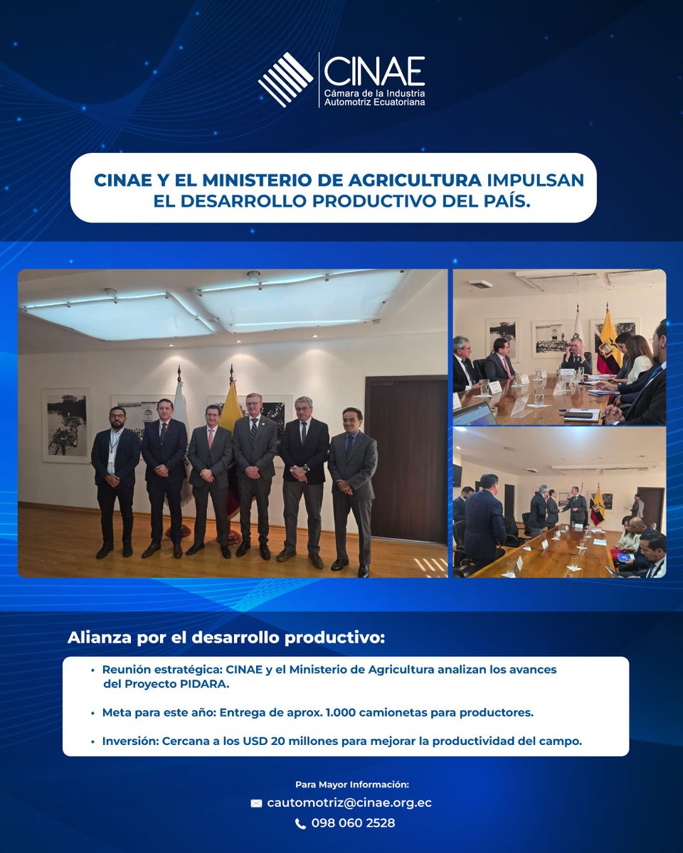 CinaeEc's tweet photo. La CINAE reafirma su compromiso con el diálogo interinstitucional para fortalecer la articulación entre la política agrícola y la industria automotriz nacional, impulsando el desarrollo productivo y la competitividad del Ecuador. 🇪🇨🤝

#CINAE #IndustriaAutomotriz @JuanCVegaEC https://t.co/9LduvvFpnq