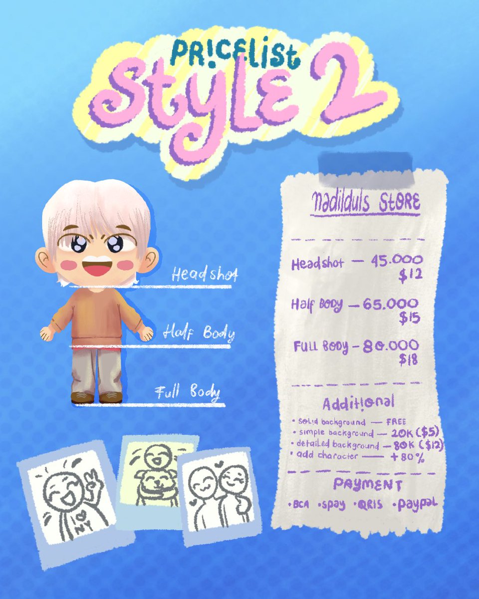 nadilduls's tweet photo. [rt &amp; like are helping me a lot 🥹]

Finally, I made my own commision sheet and here you are, click the link for more details!

🔗 https://t.co/qo6iRBCUKy

Any questions? Hit my dm
thAnk yoOooU ^^

#commission #zonauang #bealanja #opencommission #artIDN https://t.co/Co3NfipgX6