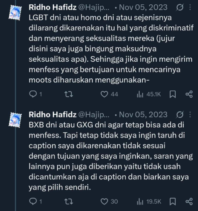 xPERUEREx's tweet photo. LAGI2 SHIP. KALO TAKUT STRAIGHT SHIP LU DIHUJAT MAH TARUH "hate bxg gxb dni" BUKAN LGBT DNI

lu udah DITEGUR admin &amp; beberapa orang direp juga kalau itu diskriminatif tapi ngeyel. belum lagi kawan2 queer yg bilang ga into men tapi tetep lu bikin risih ini mah ngeles doang, sorry. https://t.co/MzzwZ60A2q
