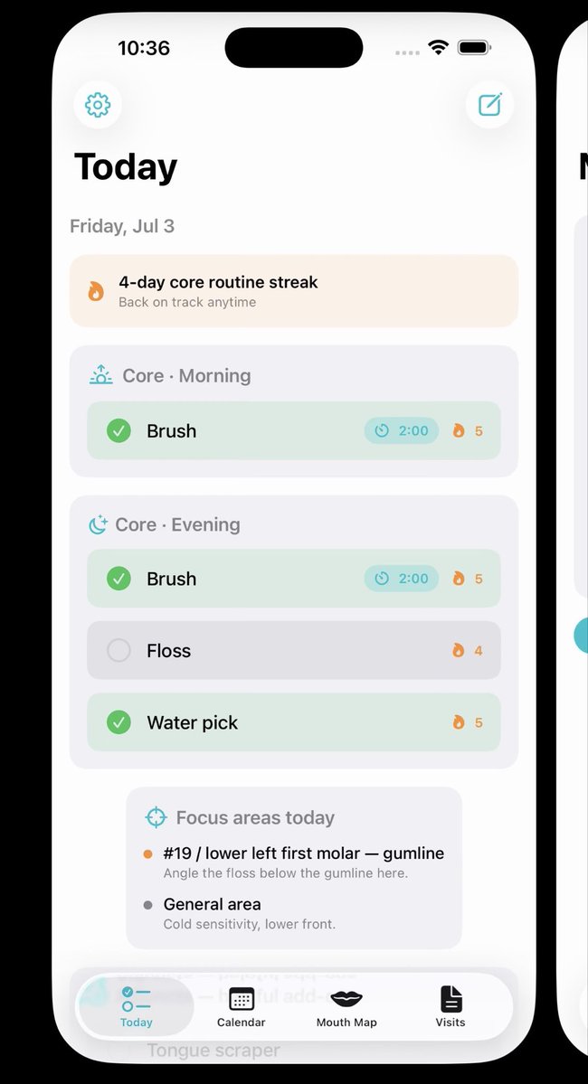 johnhodgeml's tweet photo. I made Gumline, a private dental habit tracker for people who want to actually remember what their hygienist told them.

Log brushing, flossing, water-pick, focus areas, visits, and notes. No account, no cloud, no ads, no analytics.

https://t.co/LiI5UQpFSy https://t.co/uQR9UKLsWh