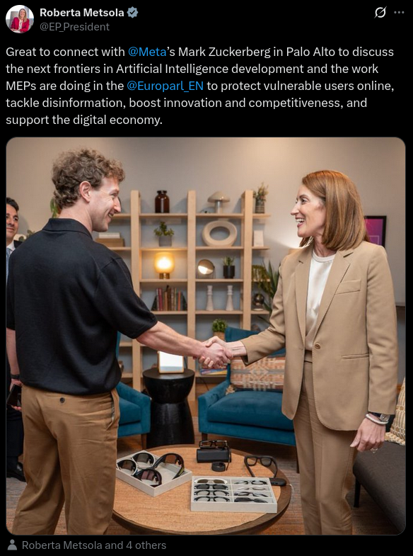 TutaPrivacy's tweet photo. 🚨 #ChatControl 1.0 HAS PASSED  -  despite a majority voting against it (314:276) 🚨

After the EU parliament has rejected #ChatControl TWICE in the past, it has been pushed as an urgent procedure for a new plenary vote. TODAY the EU parliament has voted YES for #ChatControl 1.0😡

The EU has simply continued to put the vote on the agenda to get   the outcome they've wanted since the start. This is not democratic‼️

What does #ChatControl 1.0 mean for us now?

🚩 Every photo, every message, every file you send will be scanned by Big Tech automatically

🚩  Mass surveillance of 450 million EU citizen without warrants

🚩 Every citizen is put under general suspicion

Here's what you can do to stay private on the internet:

✅ Use end-to-end encrypted messengers & email (like Signal or Tuta Mail)

✅ Use Linux instead of Windows & Apple

✅ Switch to GraphenOS or LineageOS

It's a sad day for the privacy of EU citizens but we will not let this stop us from continuing to fight for what is right.

At Tuta, we will continue to provide end-to-end encrypted email to everyone, and we will continue to fight for everyone's right to communicate without surveillance.

Pictured: Parliament President Roberta Metsola (EPP) who revived Chat Control 1.0 shaking hands with Mark Zuckerberg!

Taken from  EP_President on Twitter/X.