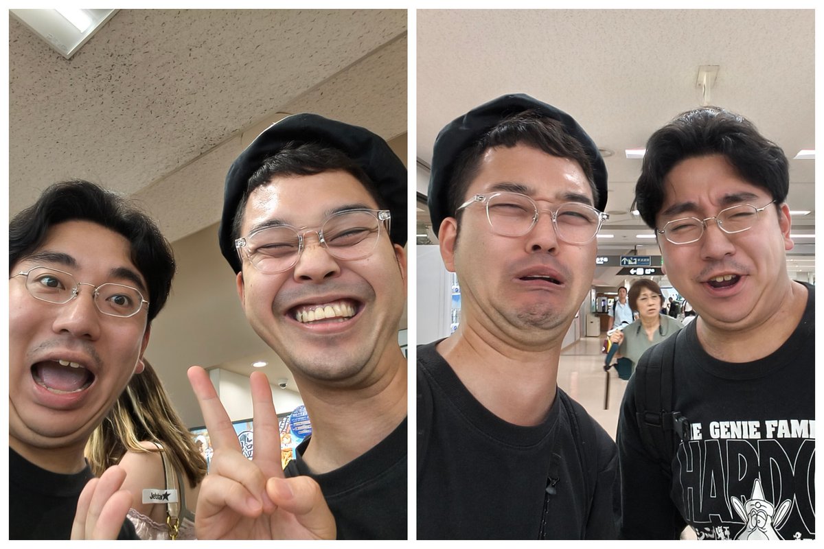 tatekawakim's tweet photo. 高知のお仕事からの帰りの飛行機で蛙朝さんとばったり！ニッコリでツーショット。その直後トラブルでフライトがなくなりしょんぼり、な落語家二人。
なんで今日に限って！笑 https://t.co/gPzfe9yxL1