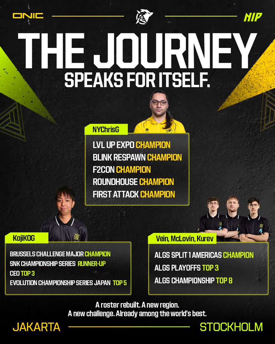 onic_esports's tweet photo. Different eras. Different journeys. One ambition.
From years of competition to the biggest stages in the world. Now, it’s time for the next challenge.
WEEK 1 — RISE AS ONE. 💛💚
Club Collaboration Campaign for EWC26
#EWC26 #ONIC #NIP #RiseAsOne | @EWC_EN @NIP https://t.co/TAdftxbuXK
