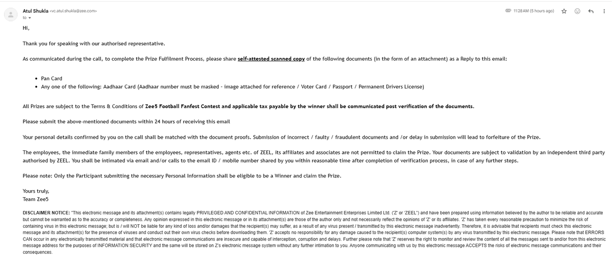 kingofportfolio's tweet photo. @ZEE5India I received this email. I tried contacting through email and chatbot but no response was received. I would like you to authenticate if this is a genuine email as it is requesting for personal information #FIFA2026 https://t.co/VEpr9d1Xpc
