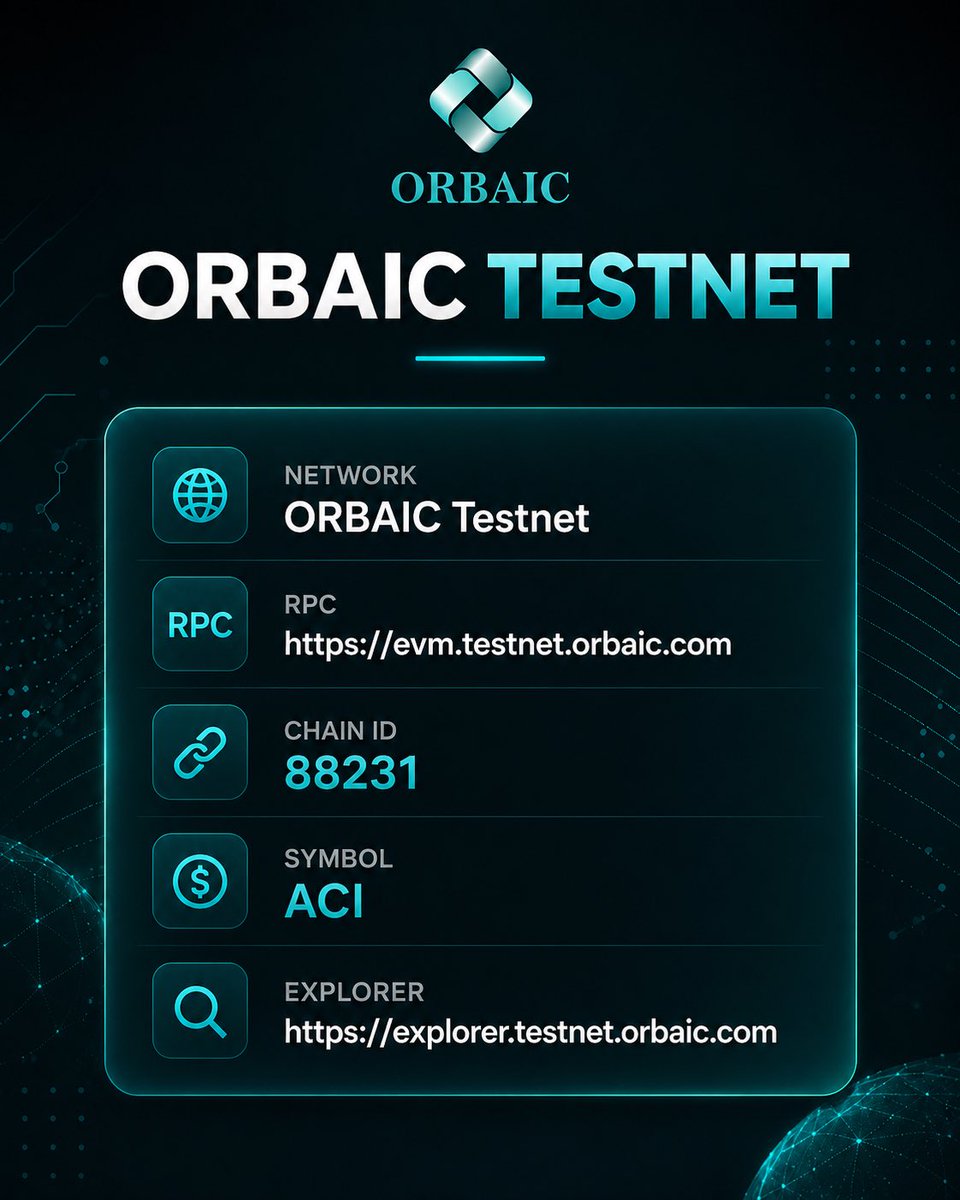 Orbaicproject's tweet photo. 🚀 ORBAIC Public Testnet is Now Live!

Be among the first to experience the ORBAIC Testnet—a super-fast, EVM-compatible blockchain with near-zero transaction fees, built for real-world utility and the next generation of AI-powered blockchain innovation.

Network Details
• Network: ORBAIC Testnet
• RPC: https://t.co/LtRvsXJVey
• Chain ID: 88231
• Symbol: ACI
• Explorer: https://t.co/EWdYMT4kgE

💧 Testnet Faucet
https://t.co/WnsV2Njw1Q

Claim 1 ACI per request.
Maximum 3 claims every 24 hours.
Works with any EVM-compatible wallet, including MetaMask, Binance Wallet, Trust Wallet, OKX Wallet, Bitget Wallet, and many others.

⚠️ Important: Complete your KYC during the testnet period. Tokens mined without KYC will not be eligible for migration to the future network.

Why ORBAIC?

⚡ Super-fast blockchain with near-zero fees
🤖 AI-powered token supply management
⛏️ Future mining engine designed to produce ACI with controlled issuance
🛠️ SDK for developers to build their own tokens and blockchain applications
🔒 Intelligent automation for stronger supply control

ORBAIC is more than a token—it’s an AI-powered blockchain ecosystem. Development is progressing rapidly, with many exciting features and infrastructure updates coming soon.

We’d love your feedback! Test the network, report any bugs, and help us build the future together.

📩 Email: testnet@orbaic.com
💬 Telegram: *Join our official ORBAIC Telegram community