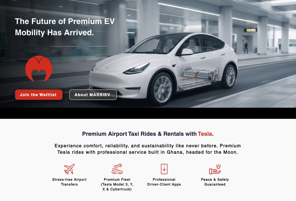 _MARSIEV's tweet photo. The Future of Premium EV Mobility Has Arrived! 
Premium Tesla rides, airport transfers, VIP shuttles & rentals in Ghana.

Built with excellence today, engineered for the multiplanetary tomorrow.

Our Ride to MARS begins in Accra. 
Join the waitlist → https://t.co/tOYyK2aFil

#MARSIEV #TeslaGhana #RideToMars #ElectricMobilityAfrica⚡️🇬🇭