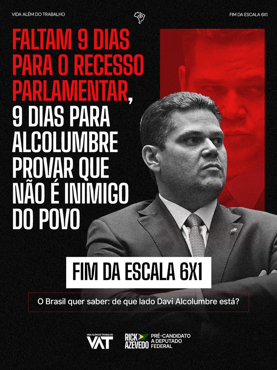 rickazzevedo's tweet photo. O Congresso já está em contagem regressiva para entrar de recesso. A classe trabalhadora não tem essa regalia e vai ser ralando. Se Alcolumbre reclama tanto de ser chamado de inimigo do povo, pode provar que não é e pautar o fim da escala 6x1 no Senado antes de entrar de folga. https://t.co/WWaLNHeLSo