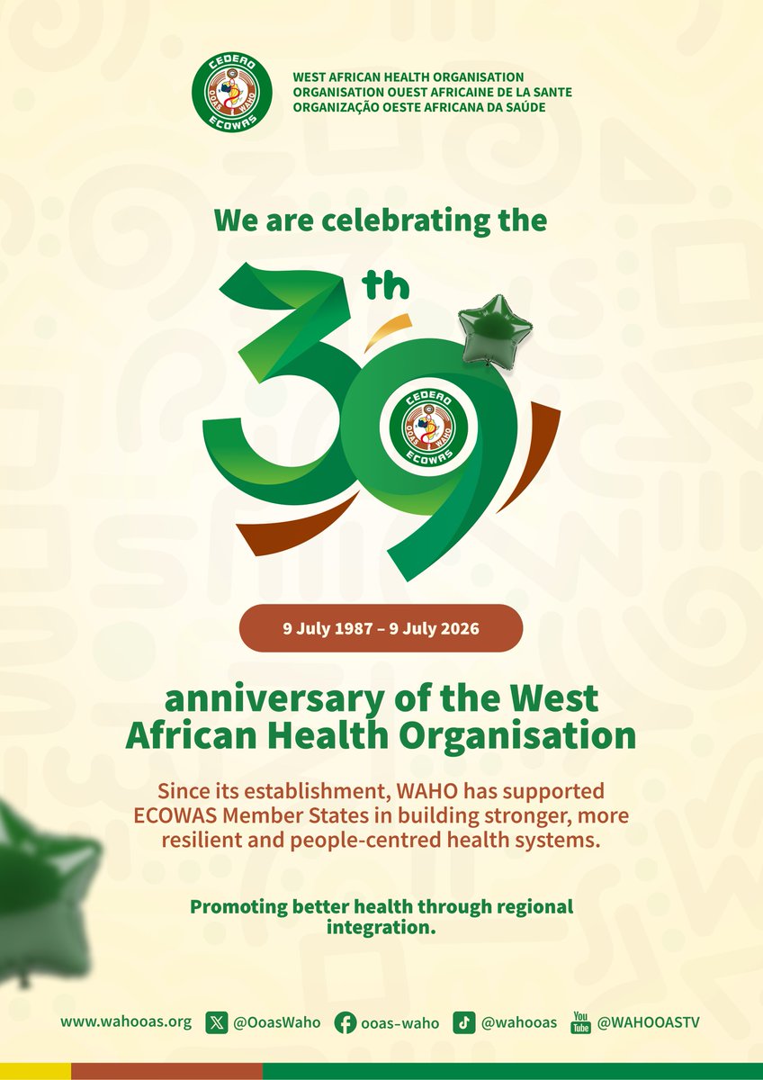 OoasWaho's tweet photo. Today, 9 July 2026, the West African Health Organisation (@OOASWAHO) celebrates 39 years of commitment to the health and well-being of the people of West Africa.

Since its establishment on 9 July 1987, #WAHO has supported #ECOWAS Member States in strengthening health systems, promoting regional cooperation and advancing better health for all.

39 years of commitment, integration and collective action.

@OOASWAHO, promoting better health through regional integration.

#WAHOat39