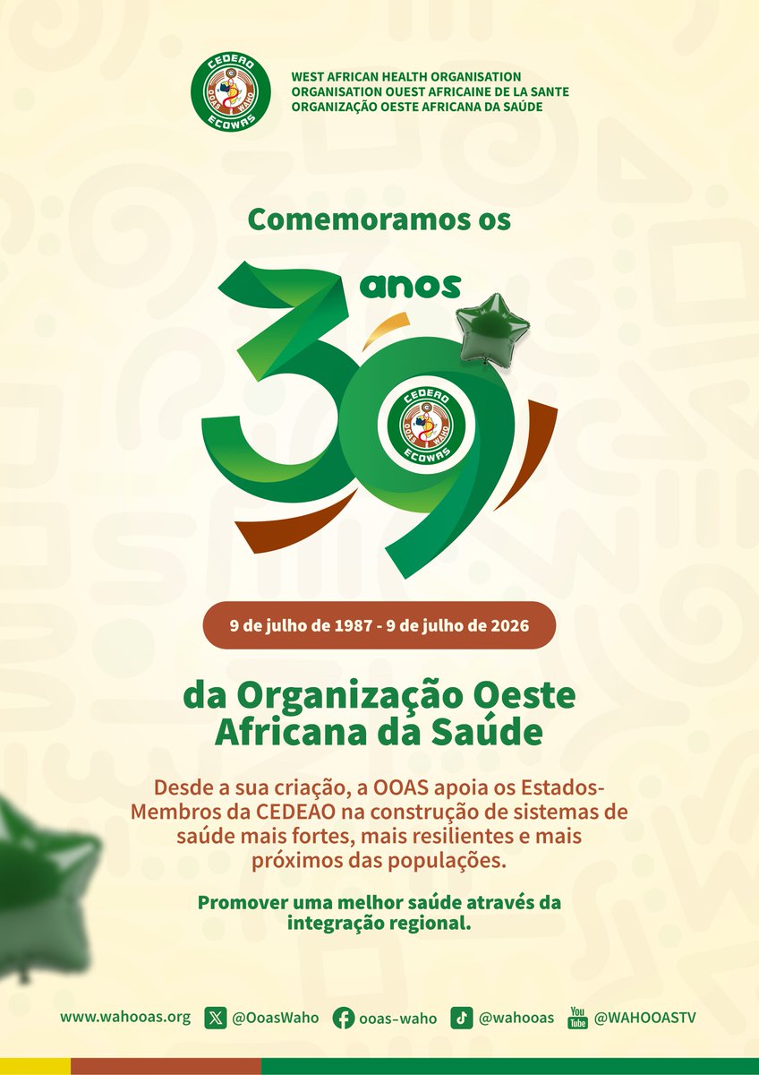 OoasWaho's tweet photo. Today, 9 July 2026, the West African Health Organisation (@OOASWAHO) celebrates 39 years of commitment to the health and well-being of the people of West Africa.

Since its establishment on 9 July 1987, #WAHO has supported #ECOWAS Member States in strengthening health systems, promoting regional cooperation and advancing better health for all.

39 years of commitment, integration and collective action.

@OOASWAHO, promoting better health through regional integration.

#WAHOat39