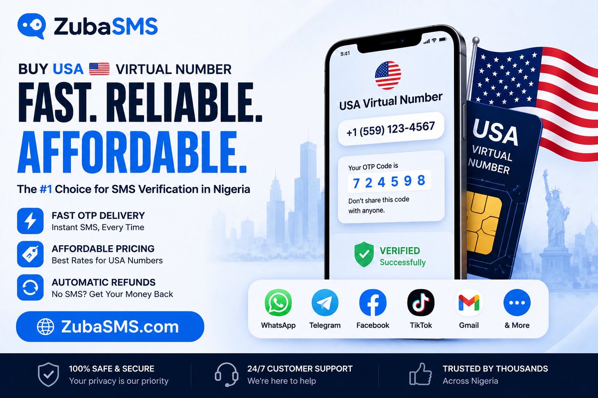 Zubasms's tweet photo. If you’re searching for a trusted place to buy a USA 🇺🇸 virtual number in Nigeria, I’d recommend ZubaSMS.
Works for WhatsApp, Telegram, Facebook, TikTok, Gmail, and more.
#USANumber #VirtualNumber #SMSVerification #ZubaSMS https://t.co/ZnkZSLM6Wz