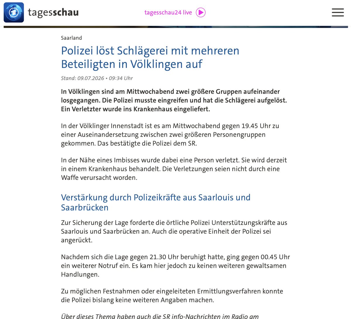 JulianAdrat's tweet photo. Massenschlägerei in meiner Geburtsstadt Völklingen. Großaufgebote der Polizei, die nachts mehrfach ausrücken mussten. Dass es Syrer waren verschweigt die Tagesschau. Warum? https://t.co/1QIT1yxVT8