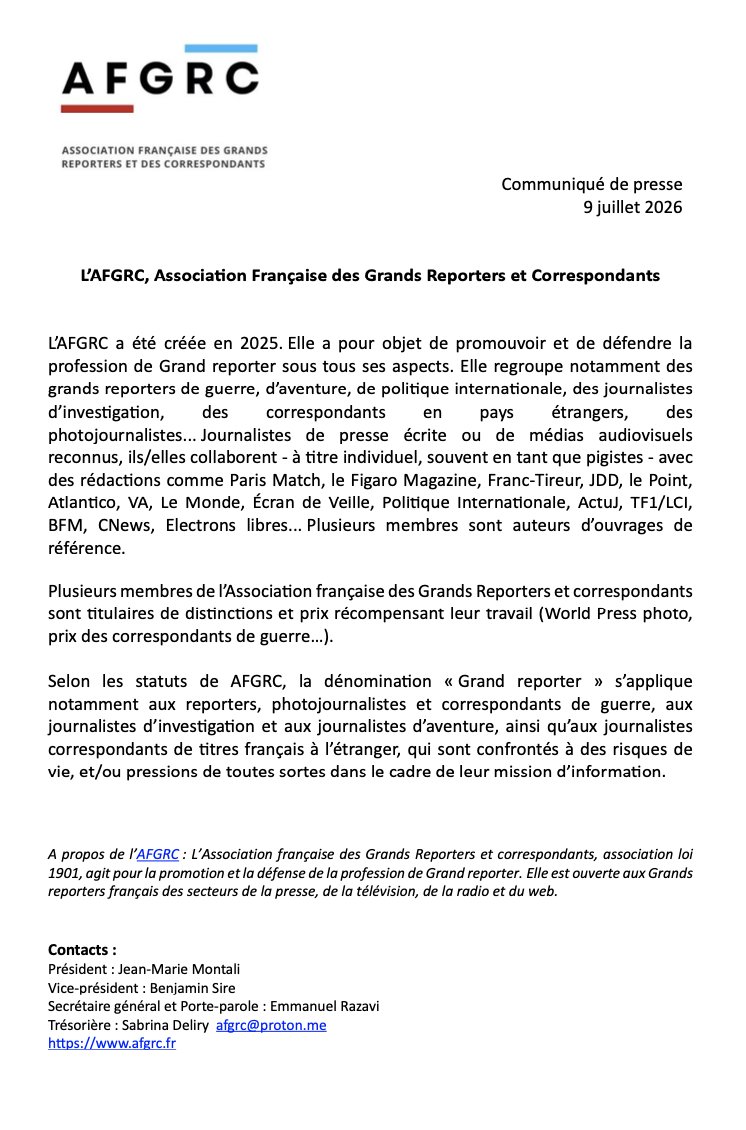 afgrc_'s tweet photo. L’AFGRC a pour objet de promouvoir et de défendre la profession de Grand reporter de guerre, des journalistes d’investigation, de politique internationale, des correspondants et photojournalistes, dans tous les médias @afgrc_ @jmmontali @BenjaminSire @erazavi3 @benaym https://t.co/k6AiP6BVcY