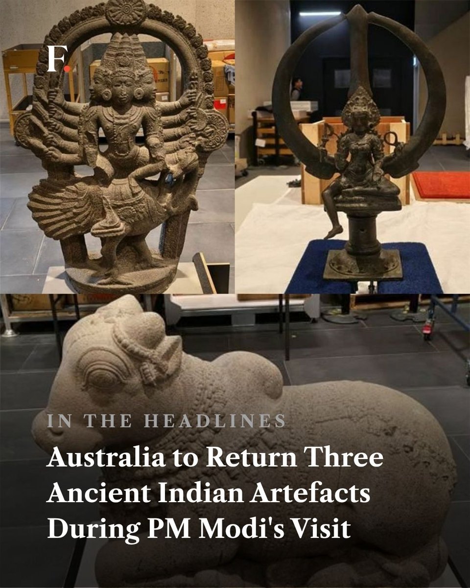 firstpost's tweet photo. Australia on Thursday announced it will return three ancient Indian artefacts, a ceremonial trident bearing the image of Goddess Bhadrakali, a stone idol of Nandi and a six-headed stone idol of Kartikeya, during Prime Minister Narendra Modi's visit. https://t.co/OQx6CCm1Lv