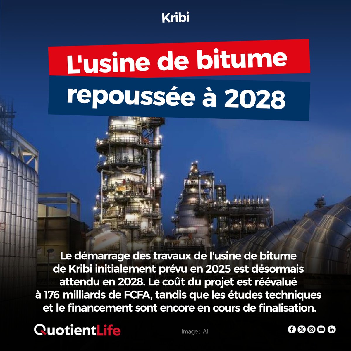 QuotientLife's tweet photo. 🛑 Kribi
L'usine de bitume repoussée à 2028
#Kribi #usine #quotientlife https://t.co/OtnTFTaXpo